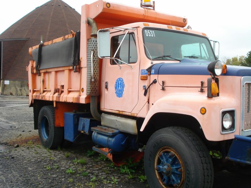 orange and blue construction truck for sale at maltz auctions in new york
