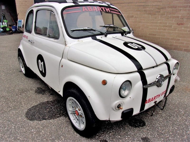 Angled frontside view of Fiat 500 car up for auction at Maltz Auctions