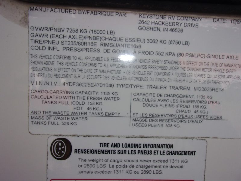 Equipment information for camper up for auction at Maltz Auctions